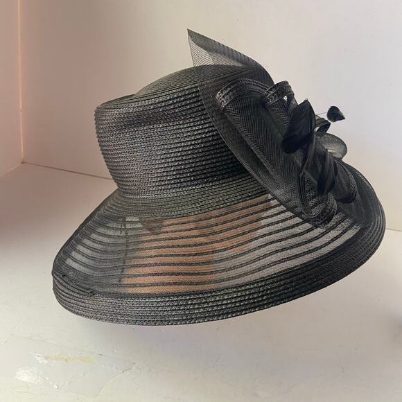 Autumn Hat Ladies Church Sun Funeral Wide Brim Feathers Mesh  Straw Adjustable - Picture 4 of 7